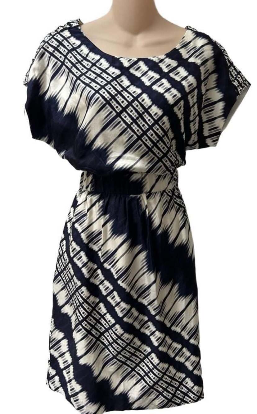 Kay Unger New York 100% SILK Abstract Ikat Print Waist-Cinched Dress - Sz 4